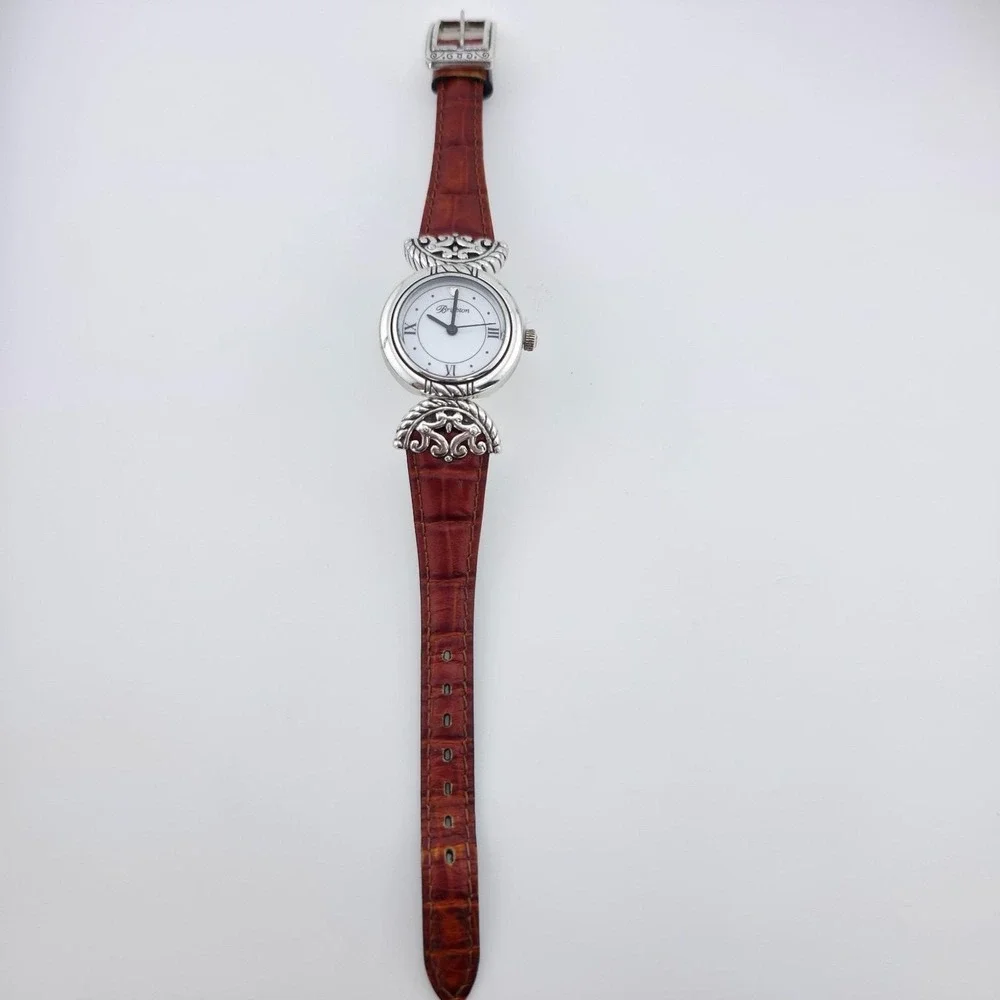 BRIGHTON 'Somerset' Watch Reversible Leather Black Brown Band Silver Plate 6.75